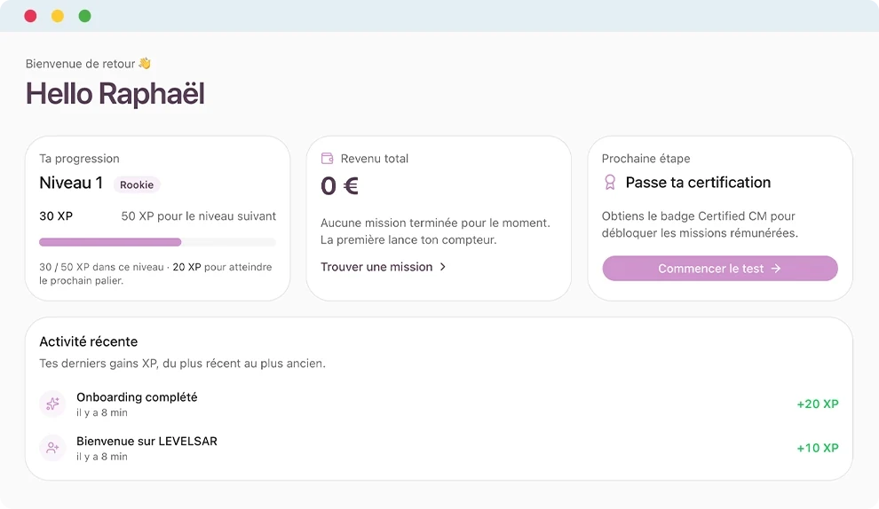 Aperçu de la certification LEVELSAR — scénarios métier, test du jugement.