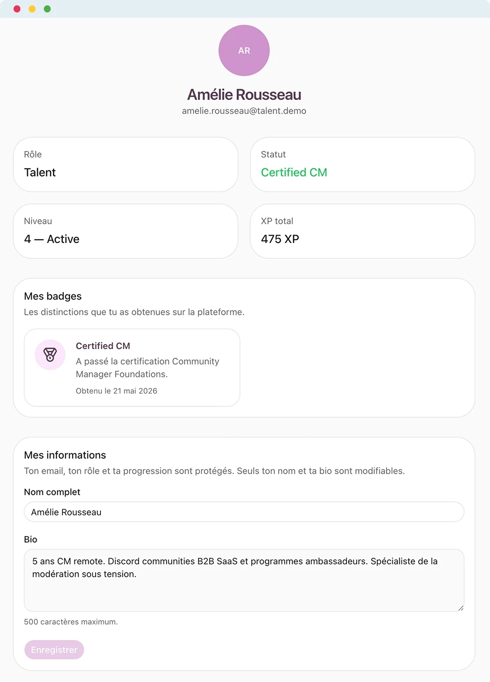 Profil talent LEVELSAR — niveau, badges de certification, réputation visibles.
